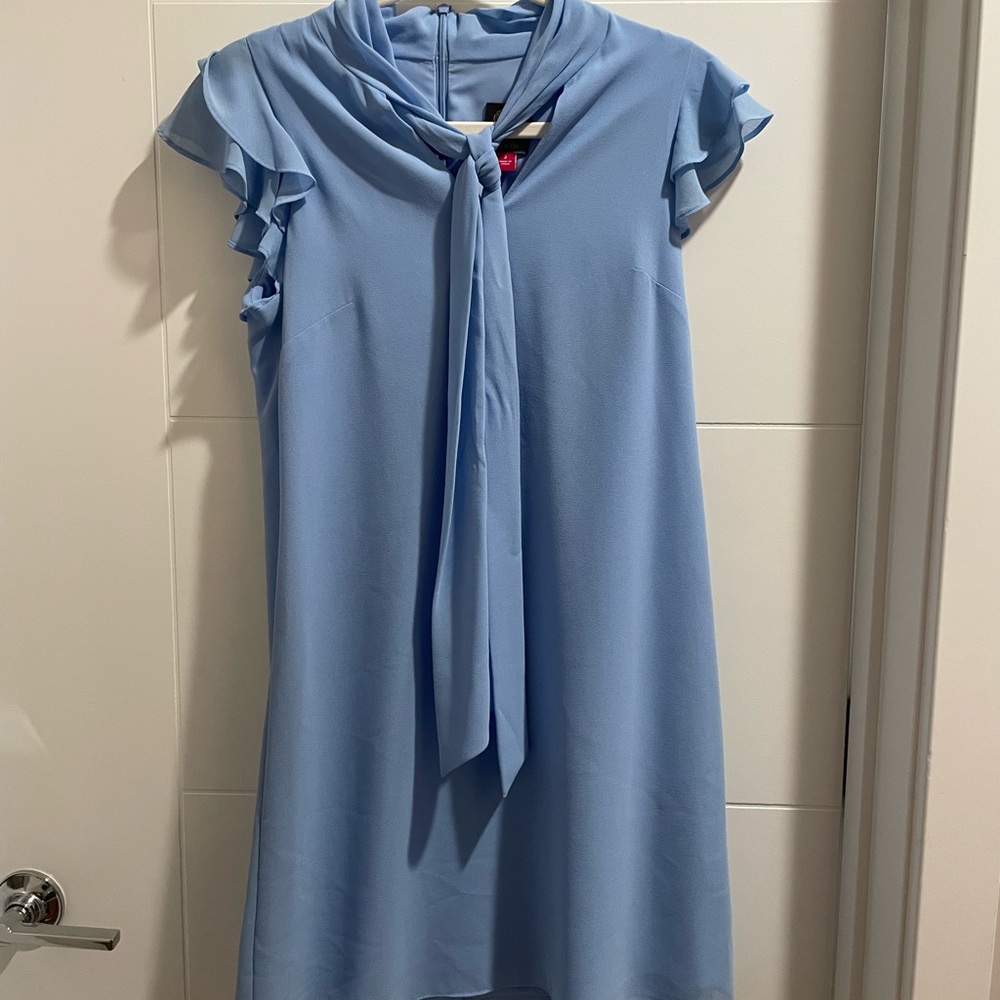 Vince Camuto Light Blue Tie-Neck Ruffle Sleeve Dress